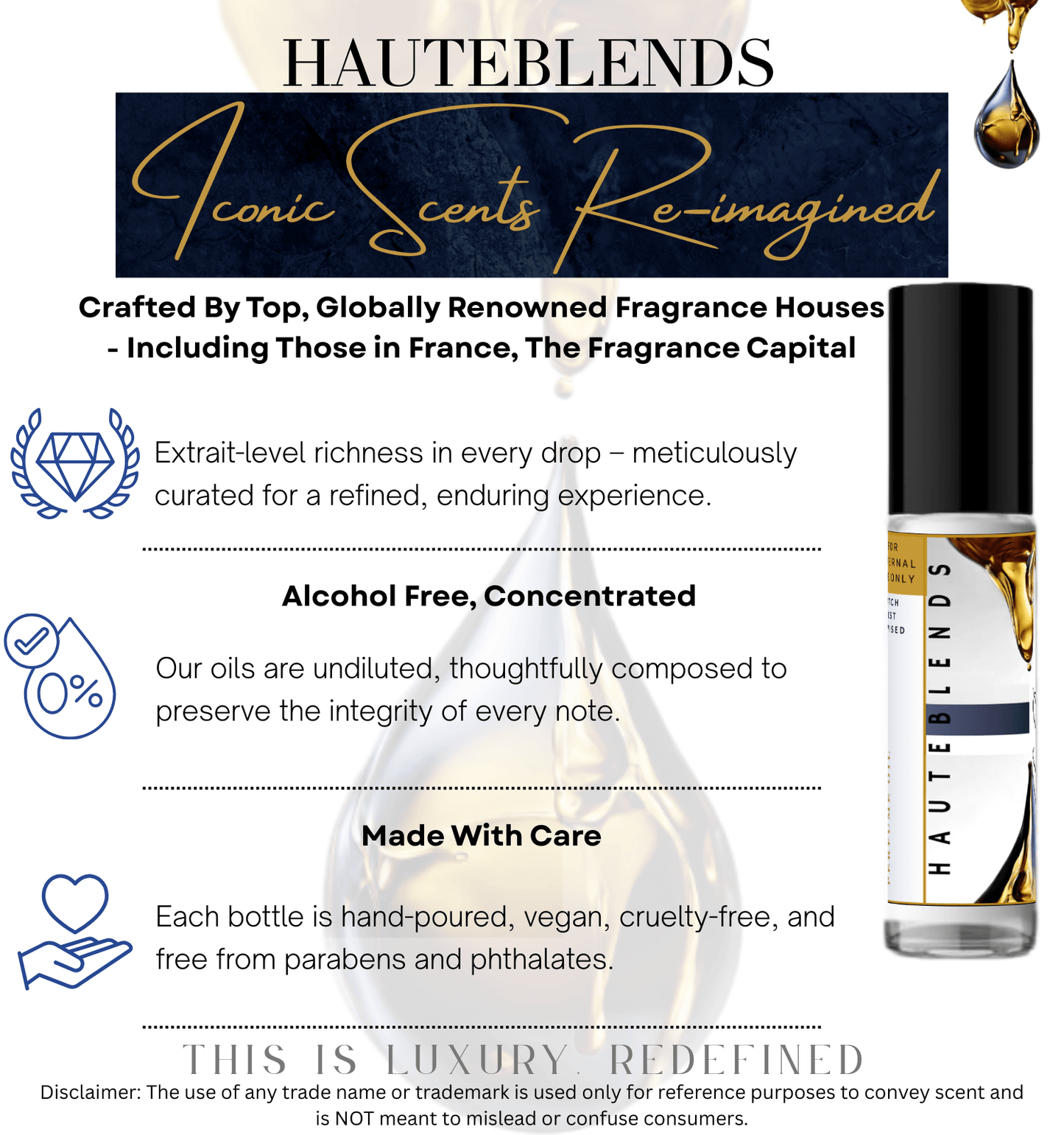 HauteBlends Perfume Oil inspired by Designer Fragrances is an alcohol-free perfume, cruelty-free perfume, vegan perfume, and paraben-free perfume. This long-lasting oil-based perfume is perfect worn alone or customized as a fragrance body oil or scented body oil. Wear alone or customized as a fragrance body oil or scented body oil. FTC disclaimer included.