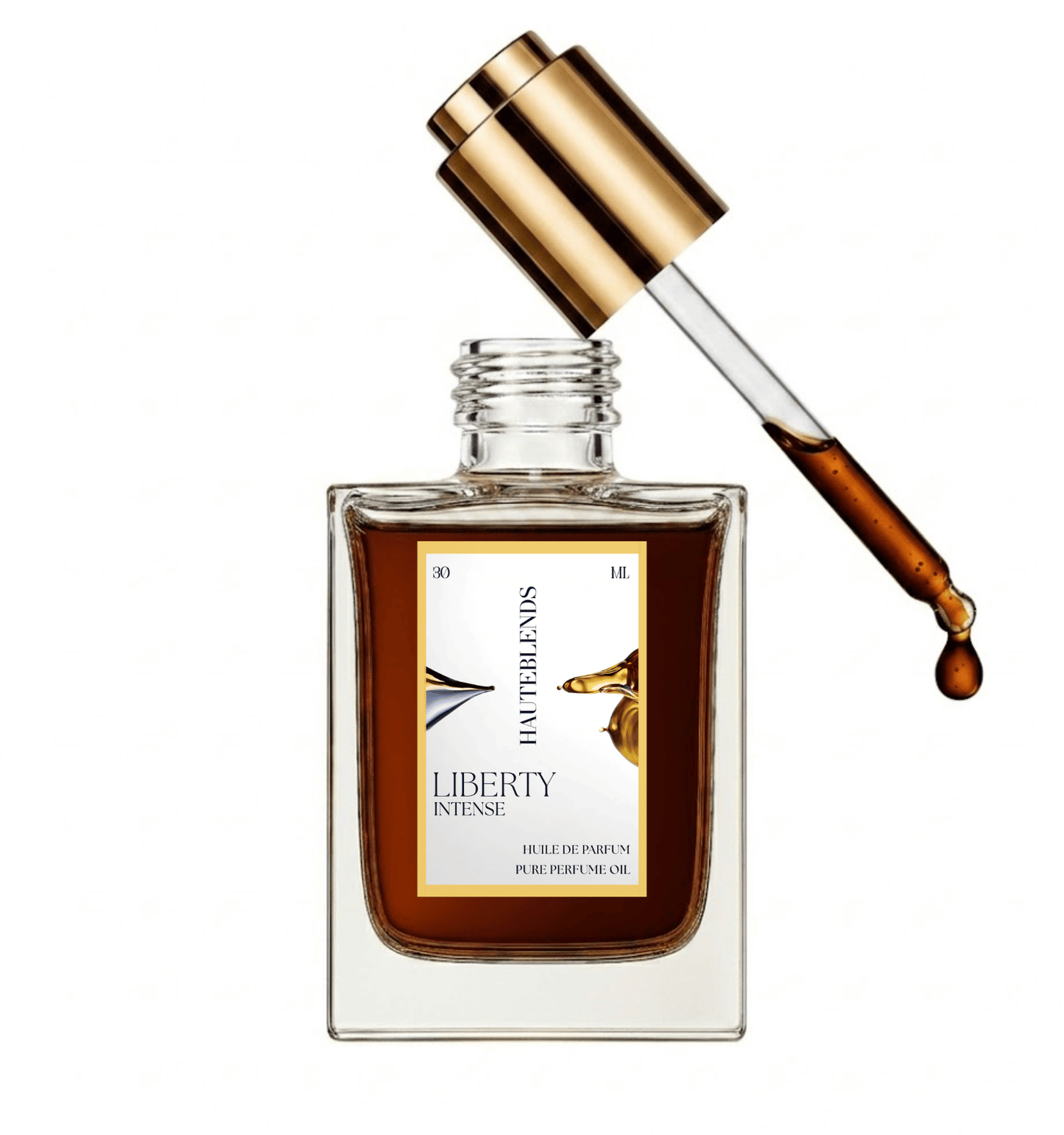 HauteBlends Liberty Intense pure perfume oil concentrate bottle open with a gold flat twist push dropper cap and internal glass pipette dispensing an alcohol-free, long-lasting fine fragrance drop inspired by Libre Intense.