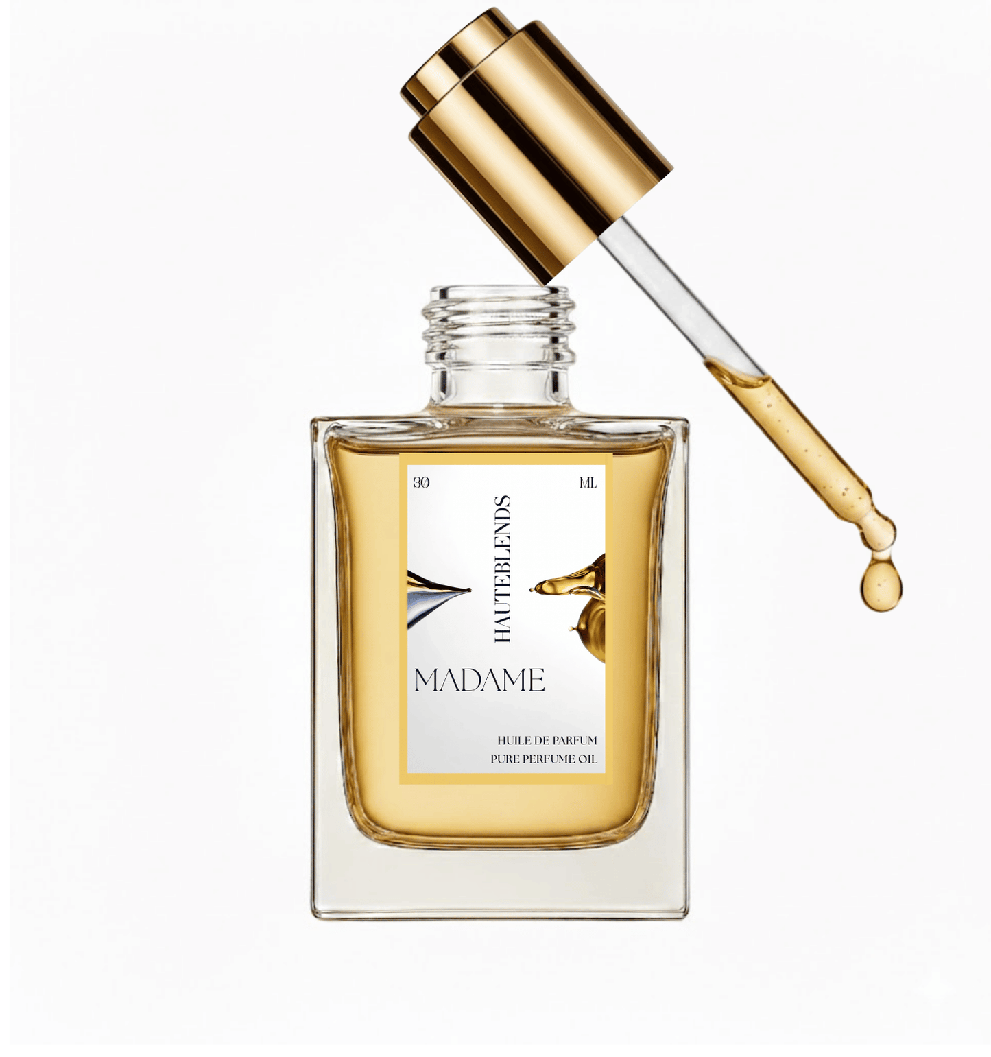 HauteBlends Madame pure perfume oil concentrate bottle open with a gold flat twist push dropper cap and internal glass pipette dispensing an alcohol-free, long-lasting fine fragrance drop inspired by Coco Mademoiselle.