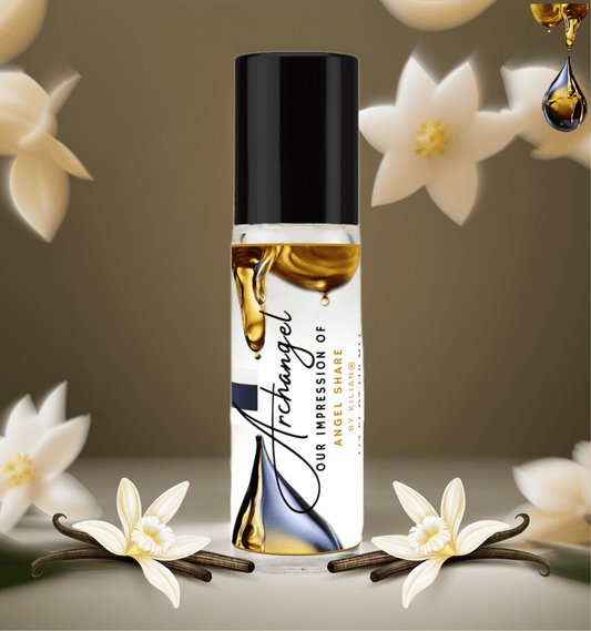 HauteBlends Archangel perfume oil. Oil based perfume with long lasting fragrance. This fragrance body oil is alcohol-free perfume, vegan perfume, cruelty free perfume, and inspired by Kilian Angels’ Share. Wear alone or customized as a fragrance body oil or scented body oil.