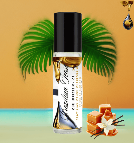 HauteBlends Brazilian Tease perfume oil. Oil-based perfume with long-lasting fragrance. This fragrance body oil is alcohol-free perfume, vegan perfume, cruelty-free perfume, and inspired by Sol de Janeiro Brazilian Crush Cheirosa 62. Wear alone or customized as a fragrance body oil or scented body oil.