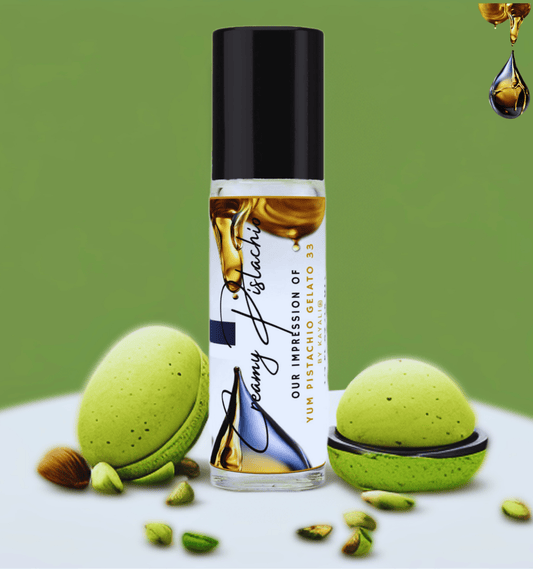 HauteBlends Creamy Pistachio Perfume Oil inspired by Kayali Yum Pistachio Gelato 33. This oil-based perfume delivers a long-lasting fragrance. Alcohol-free perfume, vegan perfume, and cruelty-free perfume. Wear alone or customized as a fragrance body oil or scented body oil.
