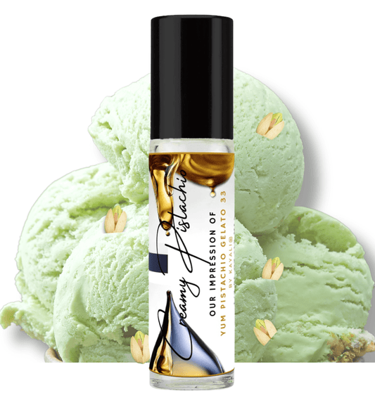 HauteBlends Creamy Pistachio Perfume Oil inspired by Kayali Yum Pistachio Gelato 33. This oil-based perfume delivers a long-lasting fragrance. Alcohol-free perfume, vegan perfume, and cruelty-free perfume. Wear alone or customized as a fragrance body oil or scented body oil.
