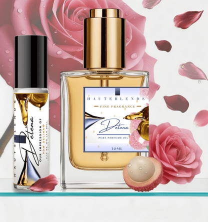 HauteBlends Delena Perfume Oil inspired by Parfums De Marly Delina. This oil-based perfume delivers a long-lasting fragrance. Alcohol-free perfume, vegan perfume, and cruelty-free perfume. Wear alone or customized as a fragrance body oil or scented body oil.
