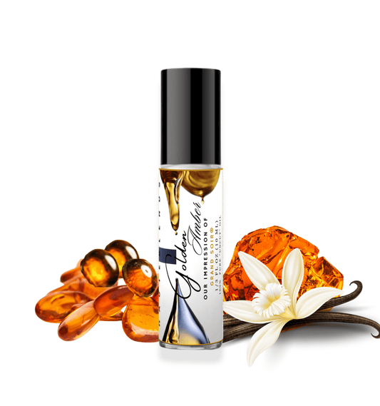 HauteBlends Golden Amber Perfume Oil inspired by Grand Soir by Maison Francis Kurkdjian. This oil-based perfume delivers a long lasting fragrance. Alcohol free perfume, vegan perfume, and cruelty free perfume. Wear alone or customized as a fragrance body oil or scented body oil.