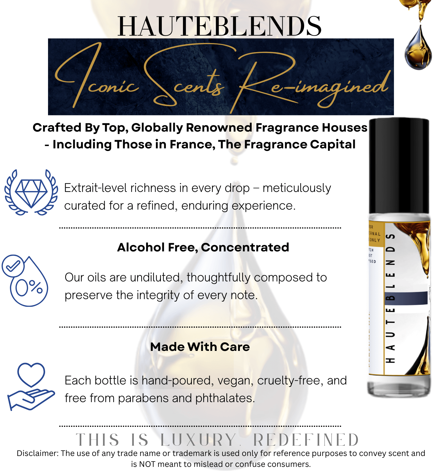 HauteBlends  Perfume Oil inspired by Designer Fragrances is an alcohol-free perfume, cruelty-free perfume, vegan perfume, and paraben-free perfume. This long-lasting oil-based perfume is perfect worn alone or customized as a fragrance body oil or scented body oil. Wear alone or customized as a fragrance body oil or scented body oil. FTC disclaimer included.