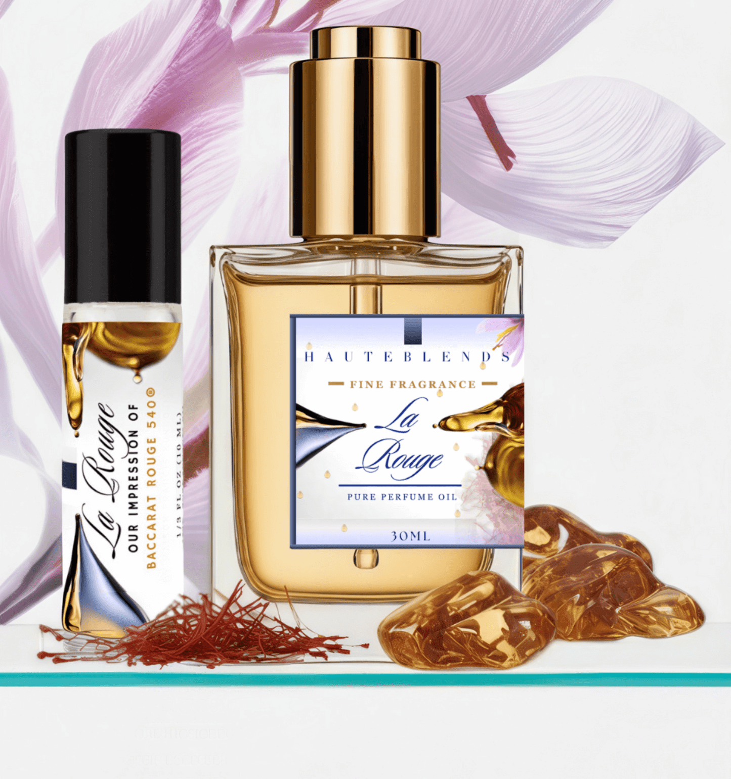 HauteBlends La Rouge Perfume Oil inspired by MFK Baccarat Rouge 540. This oil-based perfume delivers a long-lasting fragrance. Alcohol-free perfume, vegan perfume, and cruelty-free perfume. Wear alone or customized as a fragrance body oil or scented body oil.