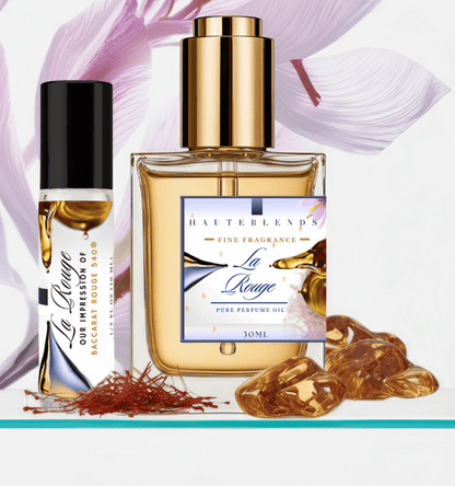HauteBlends La Rouge Perfume Oil inspired by MFK Baccarat Rouge 540. This oil-based perfume delivers a long-lasting fragrance. Alcohol-free perfume, vegan perfume, and cruelty-free perfume. Wear alone or customized as a fragrance body oil or scented body oil.