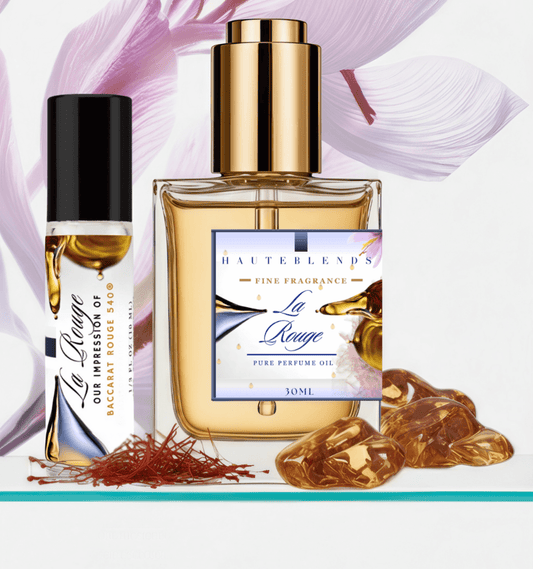 HauteBlends La Rouge Perfume Oil inspired by MFK Baccarat Rouge 540. This oil-based perfume delivers a long-lasting fragrance. Alcohol-free perfume, vegan perfume, and cruelty-free perfume. Wear alone or customized as a fragrance body oil or scented body oil.