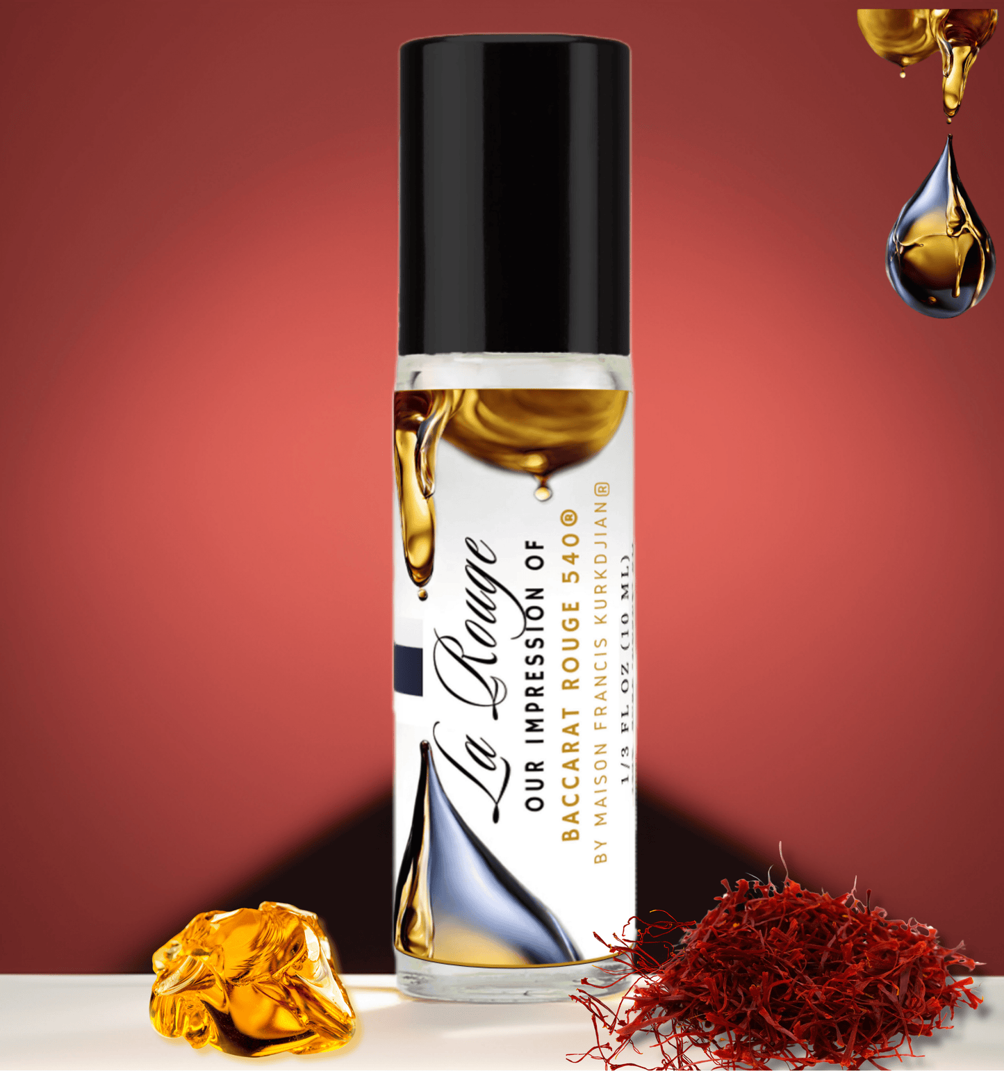 HauteBlends La Rouge Perfume Oil inspired by MFK Baccarat Rouge 540. This oil-based perfume delivers a long-lasting fragrance. Alcohol-free perfume, vegan perfume, and cruelty-free perfume. Wear alone or customized as a fragrance body oil or scented body oil.