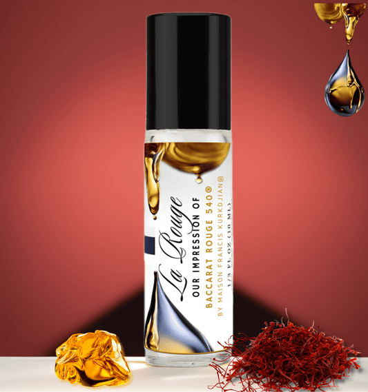 HauteBlends La Rouge Perfume Oil inspired by MFK Baccarat Rouge 540. This oil-based perfume delivers a long-lasting fragrance. Alcohol-free perfume, vegan perfume, and cruelty-free perfume. Wear alone or customized as a fragrance body oil or scented body oil.