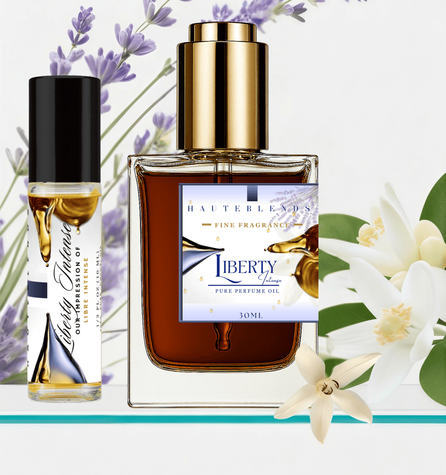 HauteBlends Liberty Intense perfume oil. Oil based perfume with long lasting fragrance. This fragrance body oil is alcohol free perfume, vegan perfume, cruelty free perfume, and inspired by YSL Libre Intense. Wear alone or customized as a fragrance body oil or scented body oil.