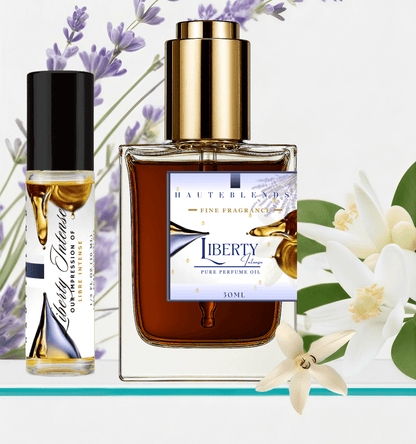 HauteBlends Liberty Intense perfume oil. Oil based perfume with long lasting fragrance. This fragrance body oil is alcohol free perfume, vegan perfume, cruelty free perfume, and inspired by YSL Libre Intense. Wear alone or customized as a fragrance body oil or scented body oil.