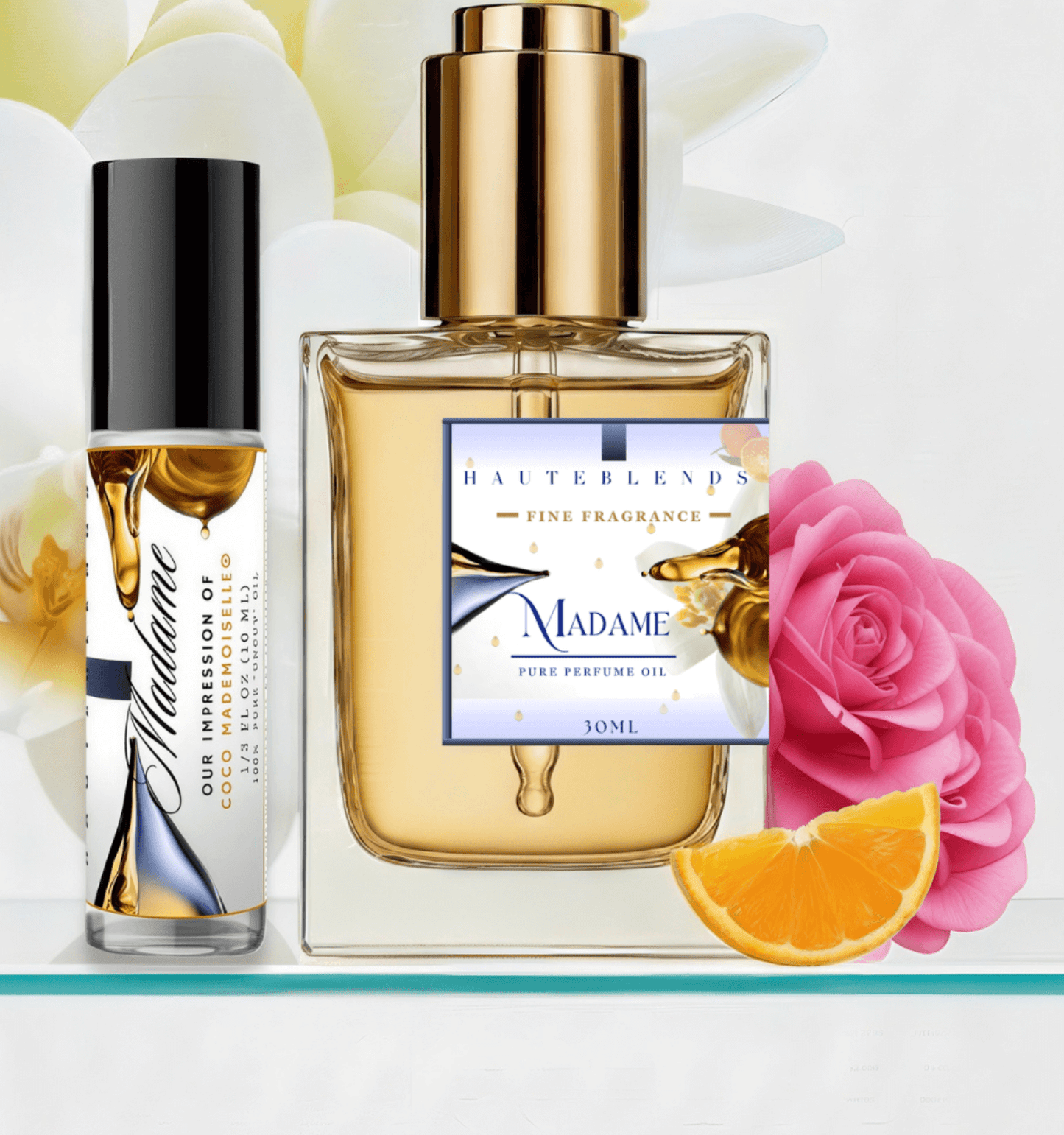 HauteBlends Madame Perfume Oil inspired by Coco Mademoiselle by Chanel. This oil-based perfume delivers a long lasting fragrance. Alcohol free perfume, vegan perfume, and cruelty free perfume. Wear alone or customized as a fragrance body oil or scented body oil.