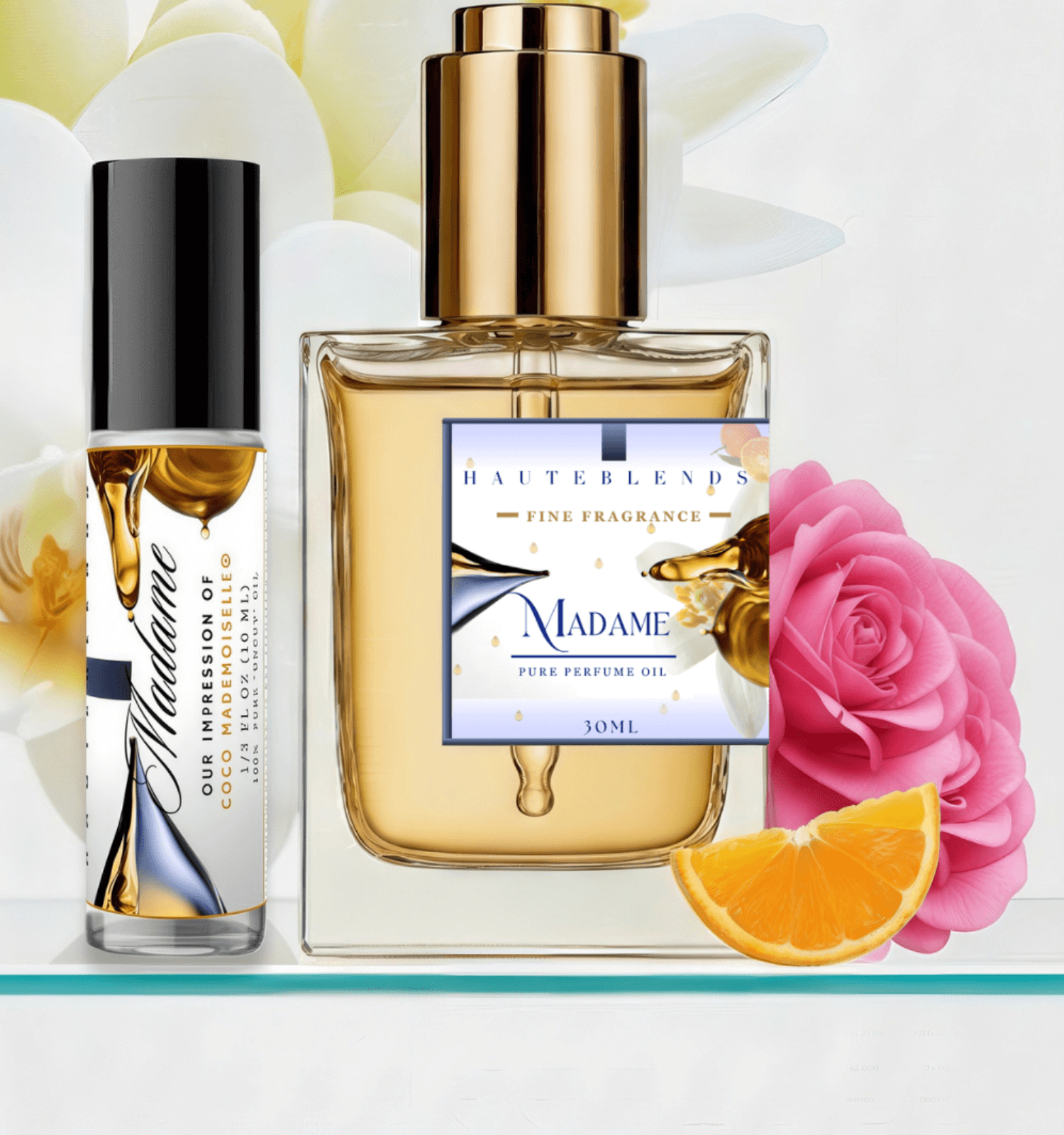 HauteBlends Madame Perfume Oil inspired by Coco Mademoiselle by Chanel. This oil-based perfume delivers a long lasting fragrance. Alcohol free perfume, vegan perfume, and cruelty free perfume. Wear alone or customized as a fragrance body oil or scented body oil.