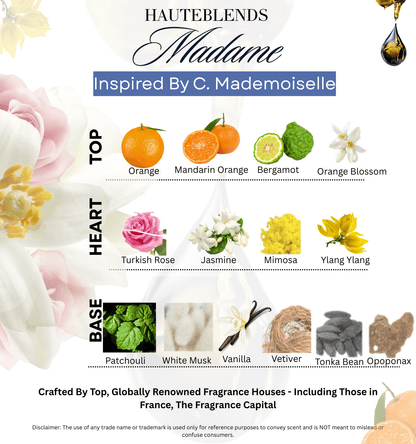HauteBlends Madame Perfume Oil scent profile inspired by Coco Mademoiselle by Chanel. Notes include orange, rose, patchouli, vanilla, and musk. A luxurious and long lasting oil perfume. Wear alone or customized as a fragrance body oil or scented body oil.
