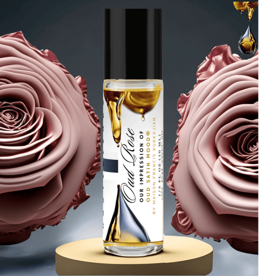 HauteBlends Oud Rose perfume oil. Oil based perfume with long lasting fragrance. This fragrance body oil is alcohol free perfume, vegan perfume, cruelty free perfume, and inspired by Oud Satin Mood. Wear alone or customized as a fragrance body oil or scented body oil.