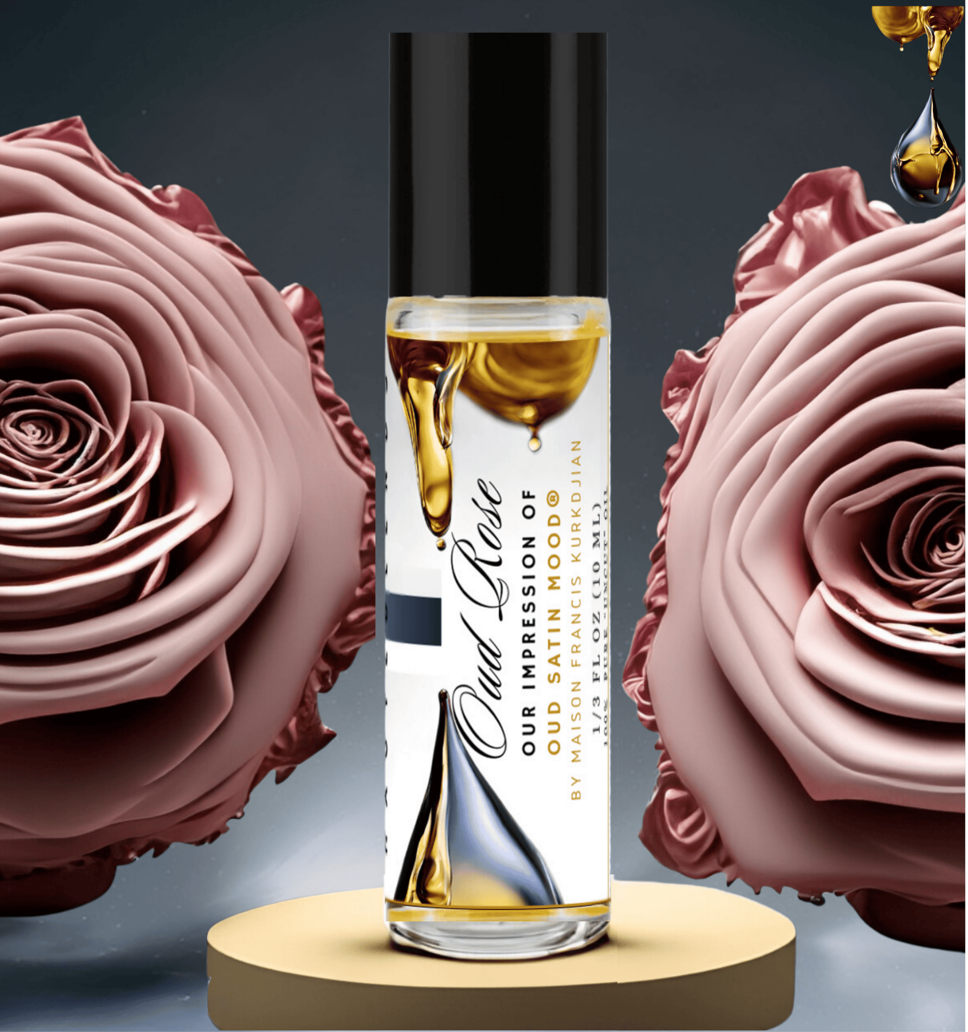 HauteBlends Oud Rose perfume oil. Oil based perfume with long lasting fragrance. This fragrance body oil is alcohol free perfume, vegan perfume, cruelty free perfume, and inspired by Oud Satin Mood. Wear alone or customized as a fragrance body oil or scented body oil.
