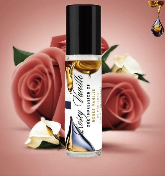 HauteBlends Rosey Vanille Perfume Oil inspired by Mancera Roses Vanille®. This oil-based perfume features sweet floral and gourmand notes in a vegan, alcohol free formula. Wear it alone or layer as a fragrance body oil or scented body oil.