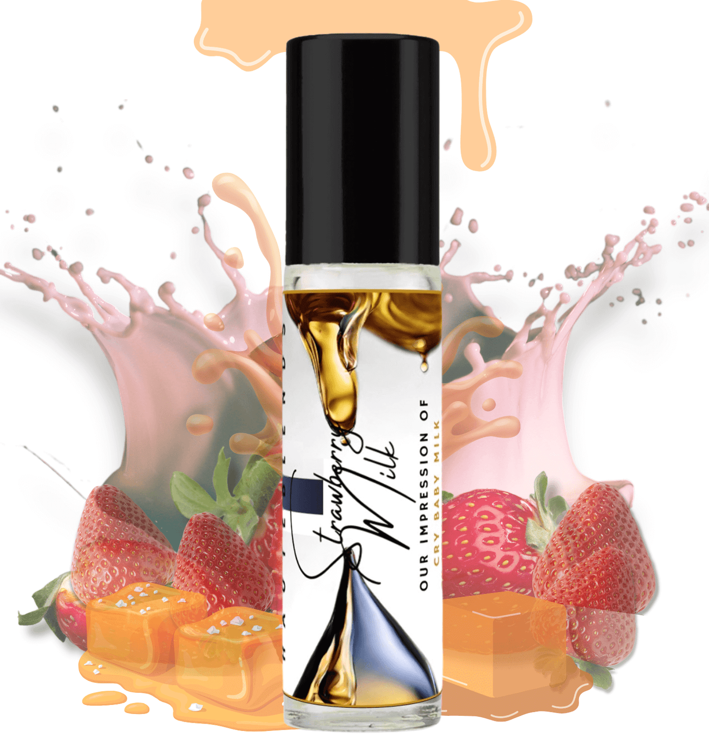 HauteBlends Strawberry Milk Perfume Oil inspired by Cry Baby Milk by Melanie Martinez. This oil-based perfume delivers a long-lasting fragrance. Alcohol-free perfume, vegan perfume, and cruelty-free perfume. Wear alone or customized as a fragrance body oil or scented body oil.