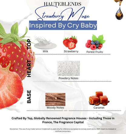 HauteBlends Strawberry Milk Perfume Oil scent profile inspired by Cry Baby Milk by Melanie Martinez. Notes include milk, strawberry, forest fruits, powdery notes, caramel, and woody notes. A creamy and long-lasting oil perfume. Wear alone or customized as a fragrance body oil or scented body oil.