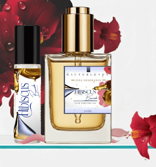 HauteBlends Hibiscus Brocade Perfume Oil inspired by Hibiscus Mahajad. This oil-based perfume delivers a long-lasting fragrance. Alcohol-free perfume, vegan perfume, and cruelty-free perfume. Wear alone or customized as a fragrance body oil or scented body oil.