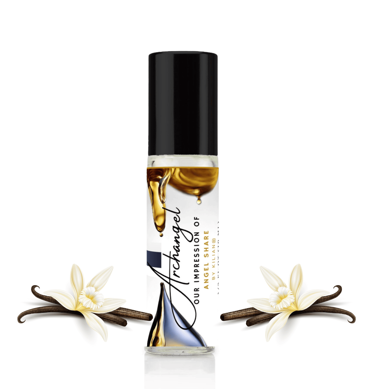 HauteBlends Archangel pure perfume oil concentrate inspired by Angels Share — 10ml travel-size clear glass rollerball bottle with a sleek black cap, styled against an artistic background of crisp pear, hazelnut, and sensual frankincense notes.