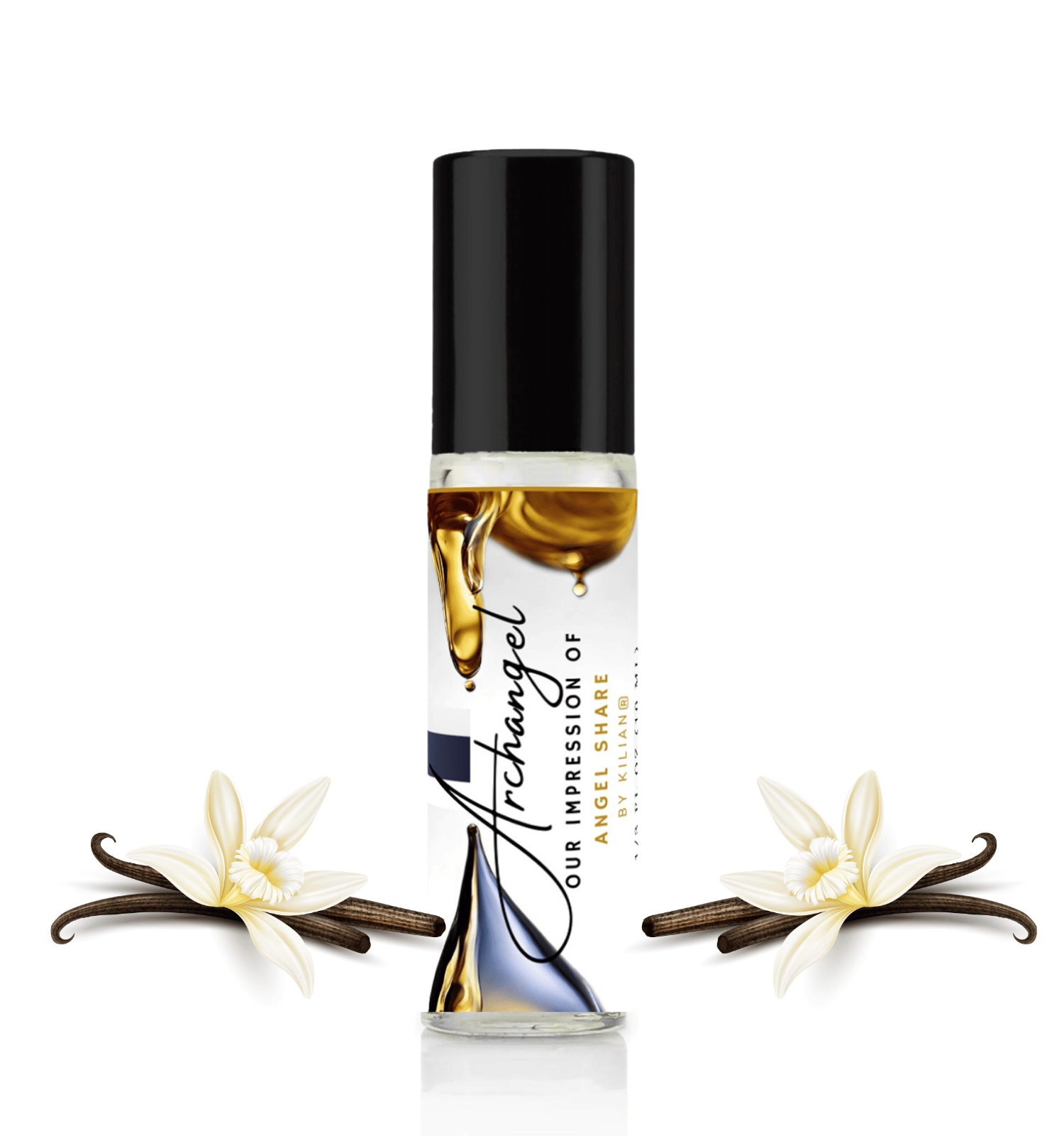 HauteBlends Archangel pure perfume oil concentrate inspired by Angels Share — 10ml travel-size clear glass rollerball bottle with a sleek black cap, styled against an artistic background of crisp pear, hazelnut, and sensual frankincense notes.