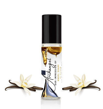 HauteBlends Archangel pure perfume oil concentrate inspired by Angels Share — 10ml travel-size clear glass rollerball bottle with a sleek black cap, styled against an artistic background of crisp pear, hazelnut, and sensual frankincense notes.