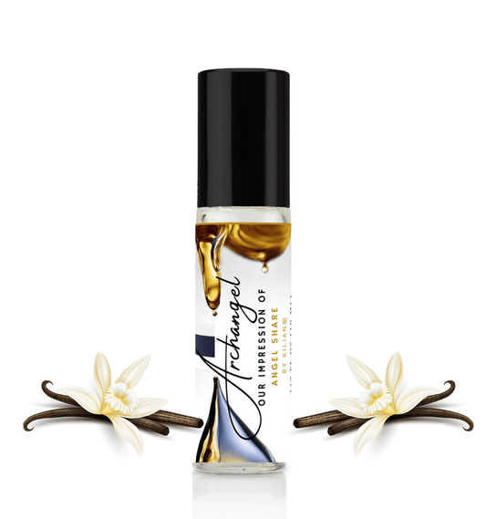 HauteBlends Archangel pure perfume oil concentrate inspired by Angels Share — 10ml travel-size clear glass rollerball bottle with a sleek black cap, styled against an artistic background of crisp pear, hazelnut, and sensual frankincense notes.