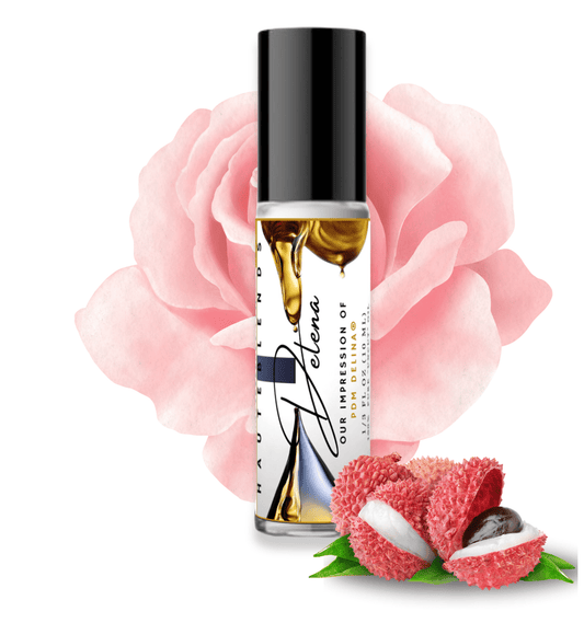 HauteBlends Delena pure perfume oil concentrate inspired by PDM Delina — 10ml travel-size clear glass rollerball bottle with a sleek black cap, styled against an artistic background of crisp rose petals and pink lychee notes.