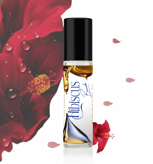 HauteBlends Hibiscus Brocade pure perfume oil concentrate inspired by Hibiscus Mahajád — 10ml travel-size clear glass rollerball bottle with a sleek black cap, styled against an artistic background of ruby hibiscus and damask rose notes.