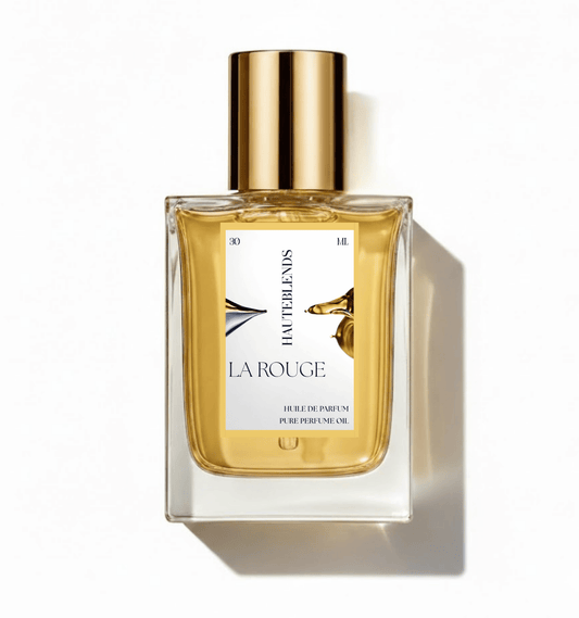 HauteBlends La Rouge pure perfume oil concentrate inspired by Baccarat Rouge 540 — 30ml Huile de Parfum fine fragrance in a rectangular clear glass bottle with a centered label and gold flat twist push dropper cap.