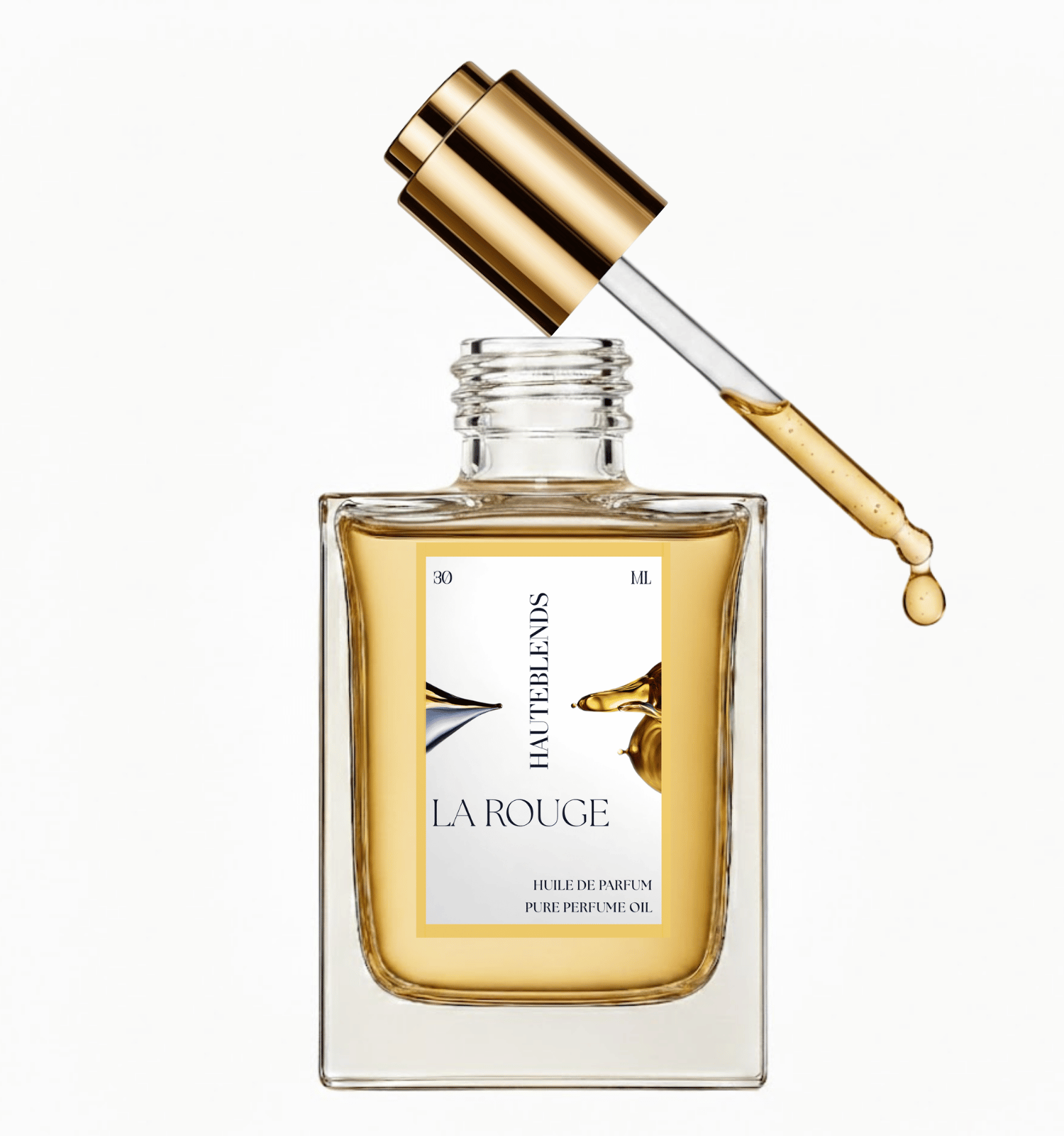 HauteBlends La Rouge pure perfume oil concentrate bottle open with a gold flat twist push dropper cap and internal glass pipette dispensing an alcohol-free, long-lasting fine fragrance drop inspired by Baccarat Rouge 540.