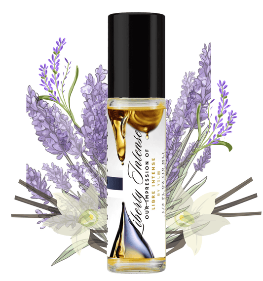 HauteBlends Liberty Intense pure perfume oil concentrate inspired by Libre Intense — 10ml travel-size clear glass rollerball bottle with a sleek black cap, styled against an artistic background of fresh lavender and warm vanilla notes.