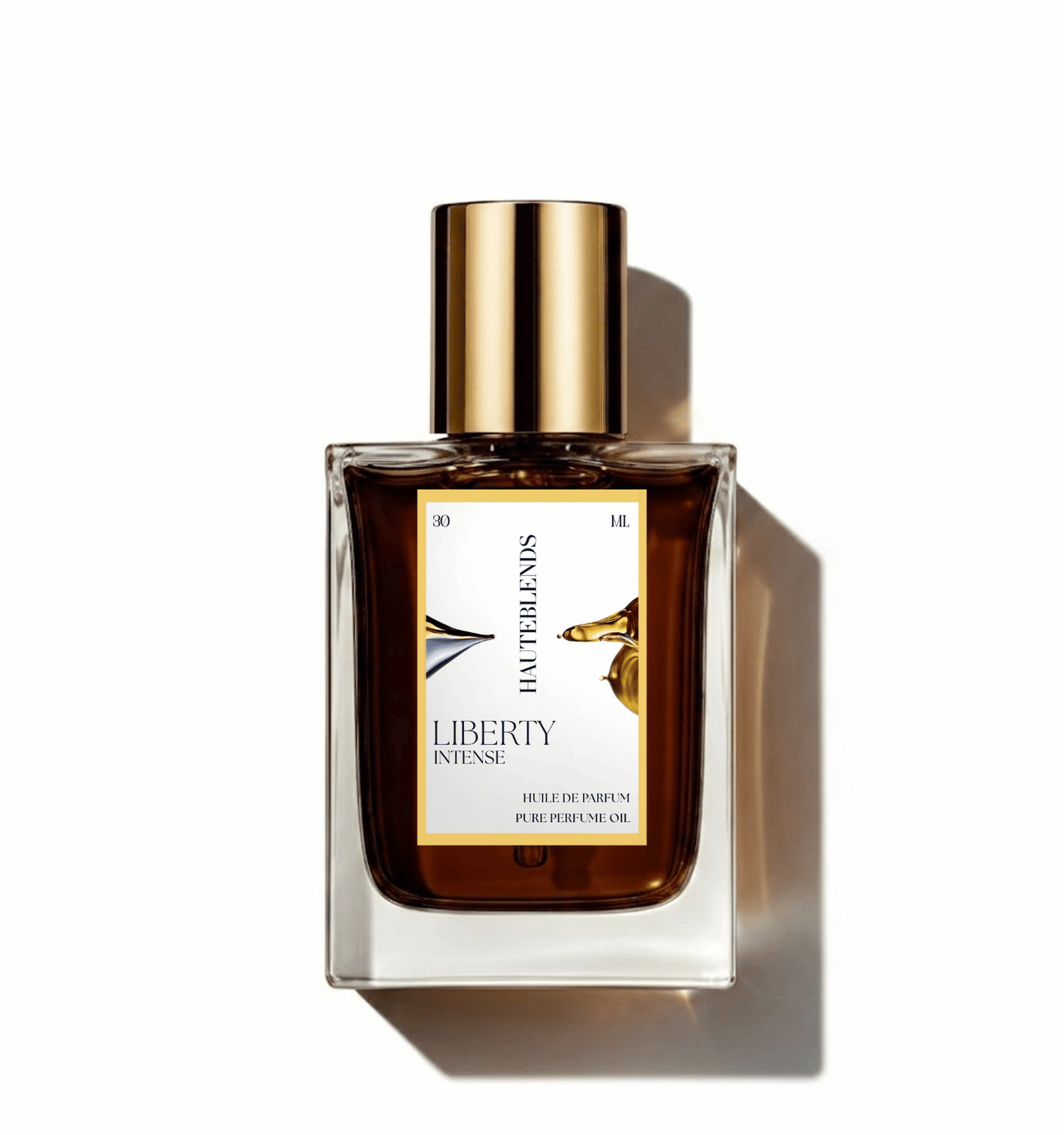 HauteBlends Liberty Intense pure perfume oil concentrate inspired by Libre Intense — 30ml Huile de Parfum fine fragrance in a rectangular clear glass bottle with a centered label and gold flat twist push dropper cap.