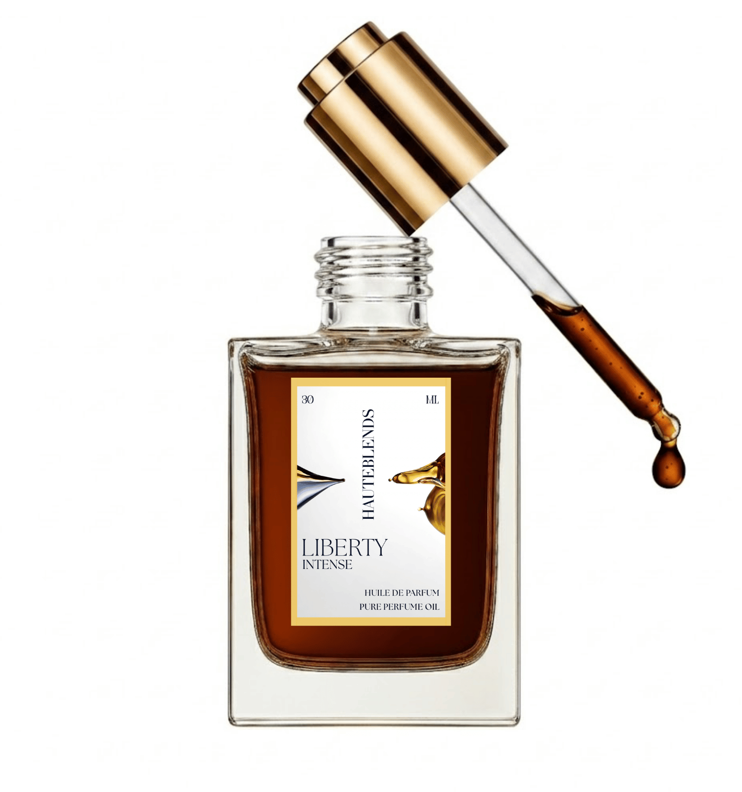HauteBlends Liberty Intense pure perfume oil concentrate bottle open with a gold flat twist push dropper cap and internal glass pipette dispensing an alcohol-free, long-lasting fine fragrance drop inspired by Libre Intense.