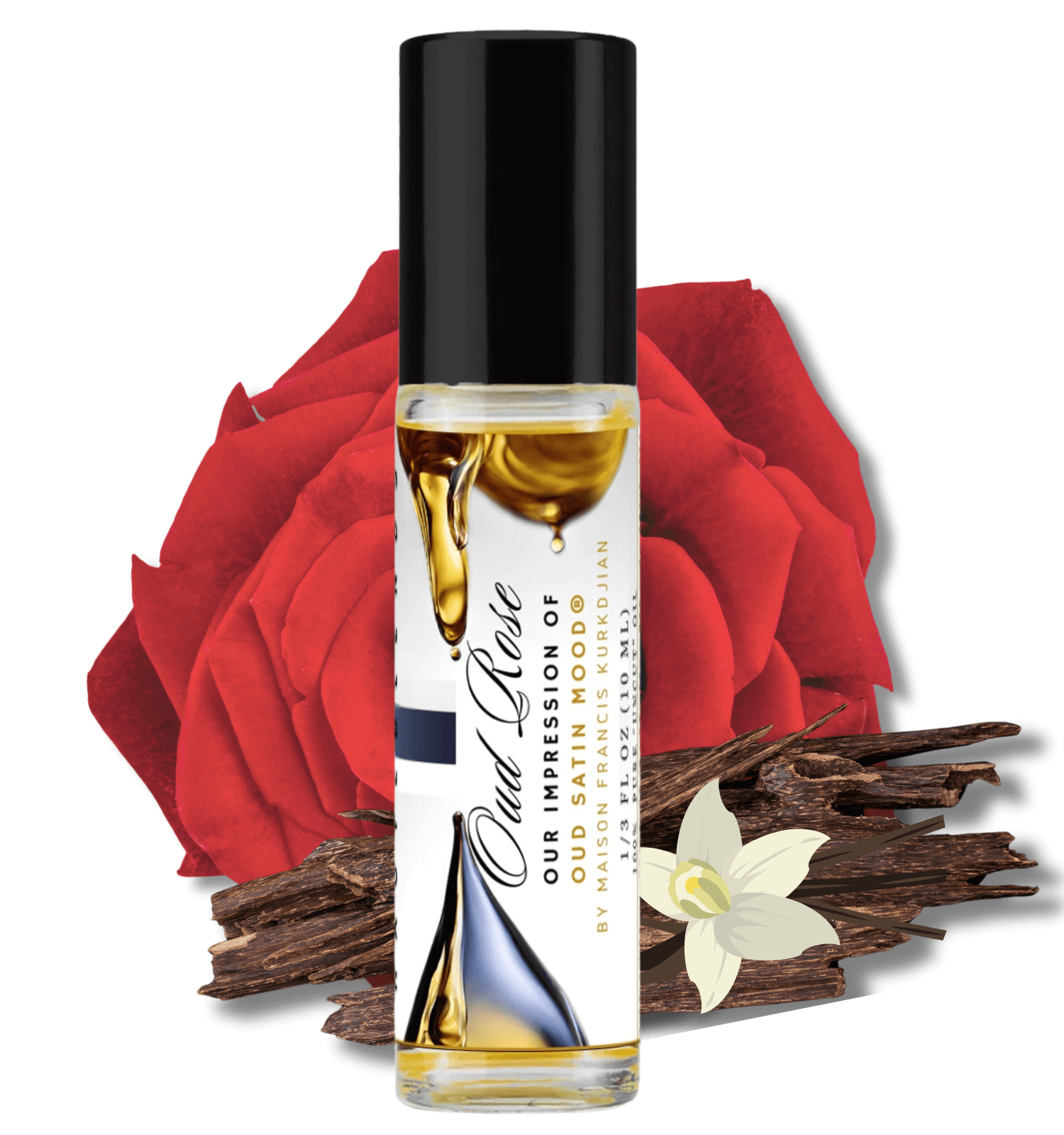 HauteBlends Oud Rose pure perfume oil concentrate inspired by MFK Oud Satin Mood — 10ml travel-size clear glass rollerball bottle with a sleek black cap, styled against an artistic background of deep violet, vanilla, and smoky agarwood notes.