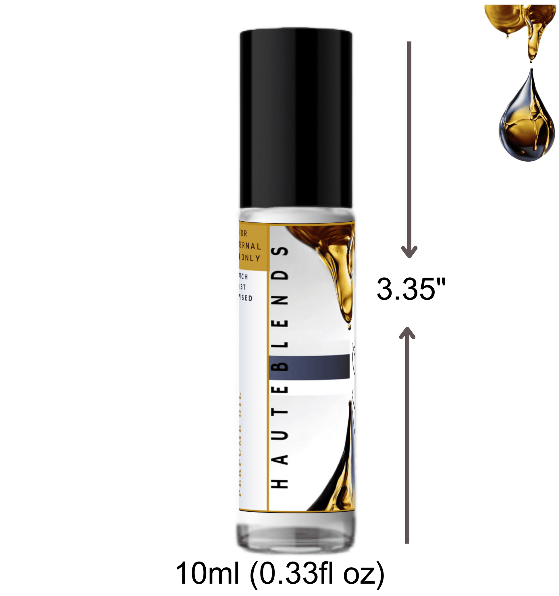 Sizing and bottle dimensions diagram for the HauteBlends 10ml travel size perfume oil concentrate rollerball showing a total bottle height of 3.35 inches.
