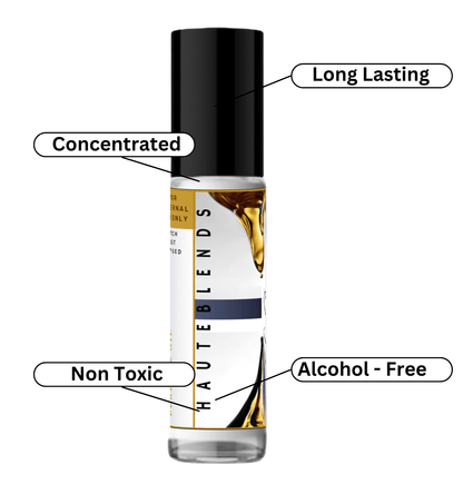 HauteBlends 10ml travel perfume oil concentrate rollerball product features matrix highlighting its clean, non-toxic, highly concentrated, long-lasting, and alcohol-free formulation.
