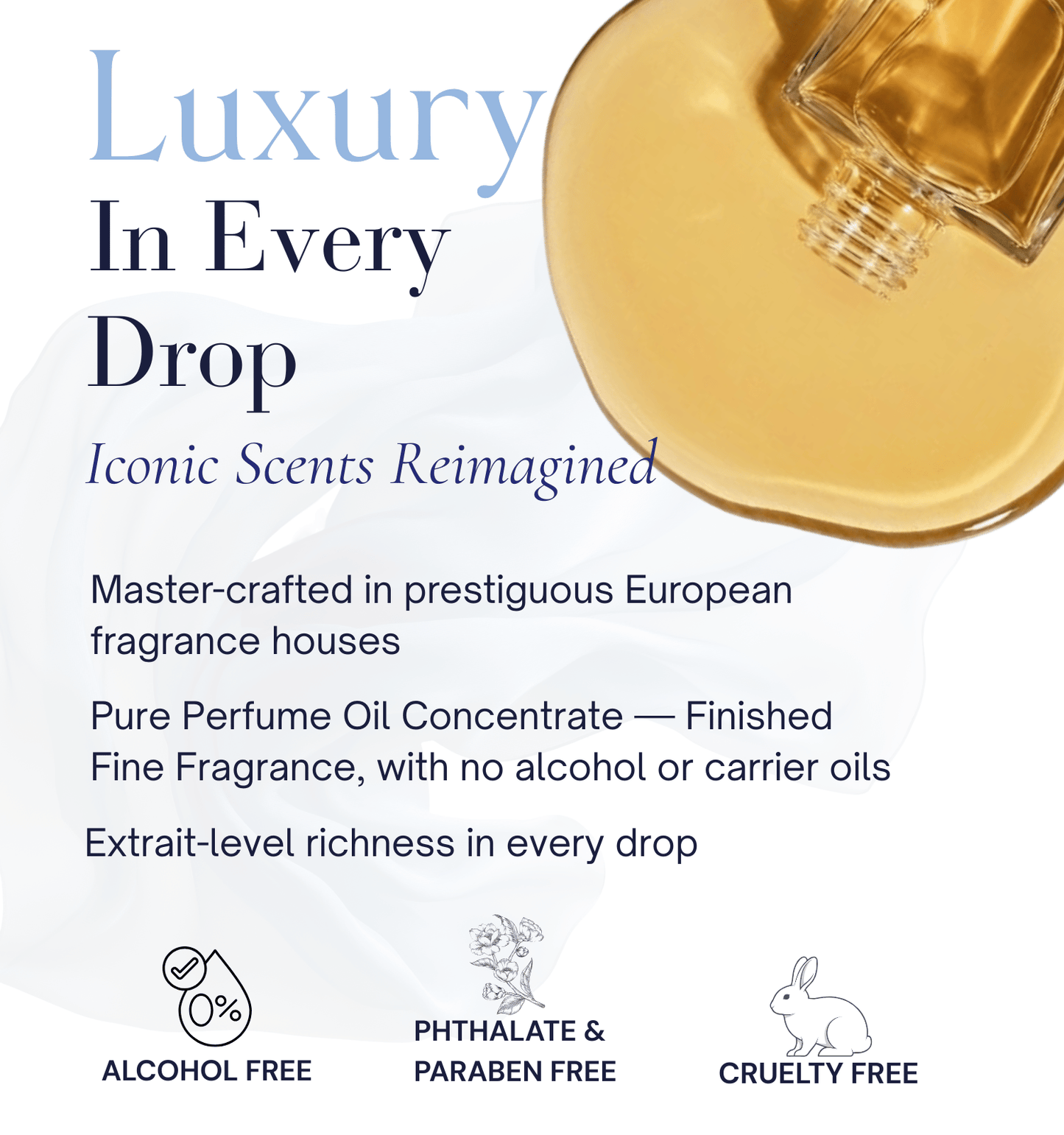 HauteBlends pure perfume oil concentrate benefits chart outlining Extrait-level richness expertly formulated by prestigious European fragrance houses with no alcohol base or carrier oil dilution.