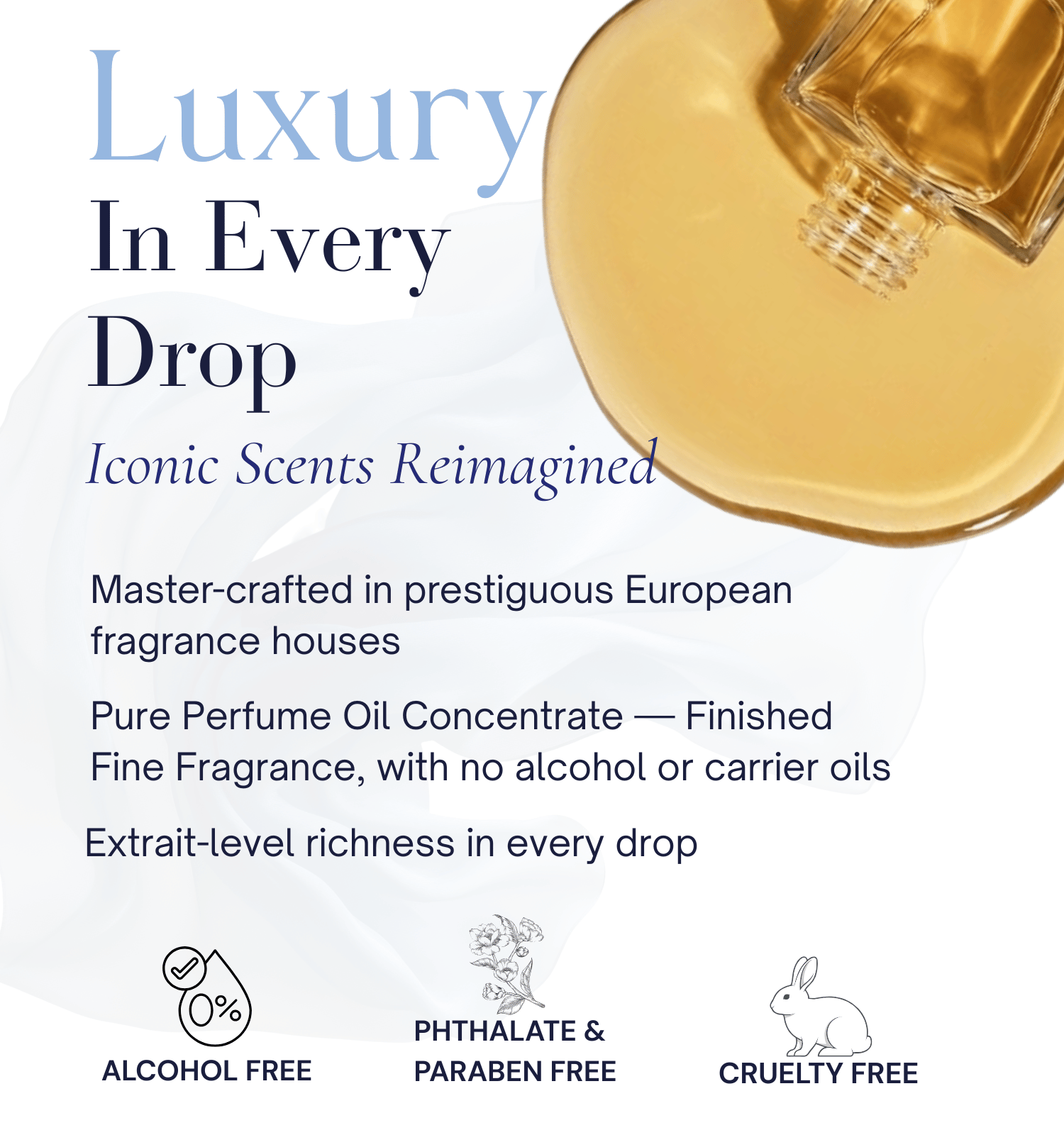 HauteBlends pure perfume oil concentrate benefits chart outlining Extrait-level richness expertly formulated by prestigious European fragrance houses with no alcohol base or carrier oil dilution.