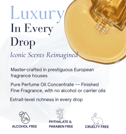 HauteBlends pure perfume oil concentrate benefits chart outlining Extrait-level richness expertly formulated by prestigious European fragrance houses with no alcohol base or carrier oil dilution.