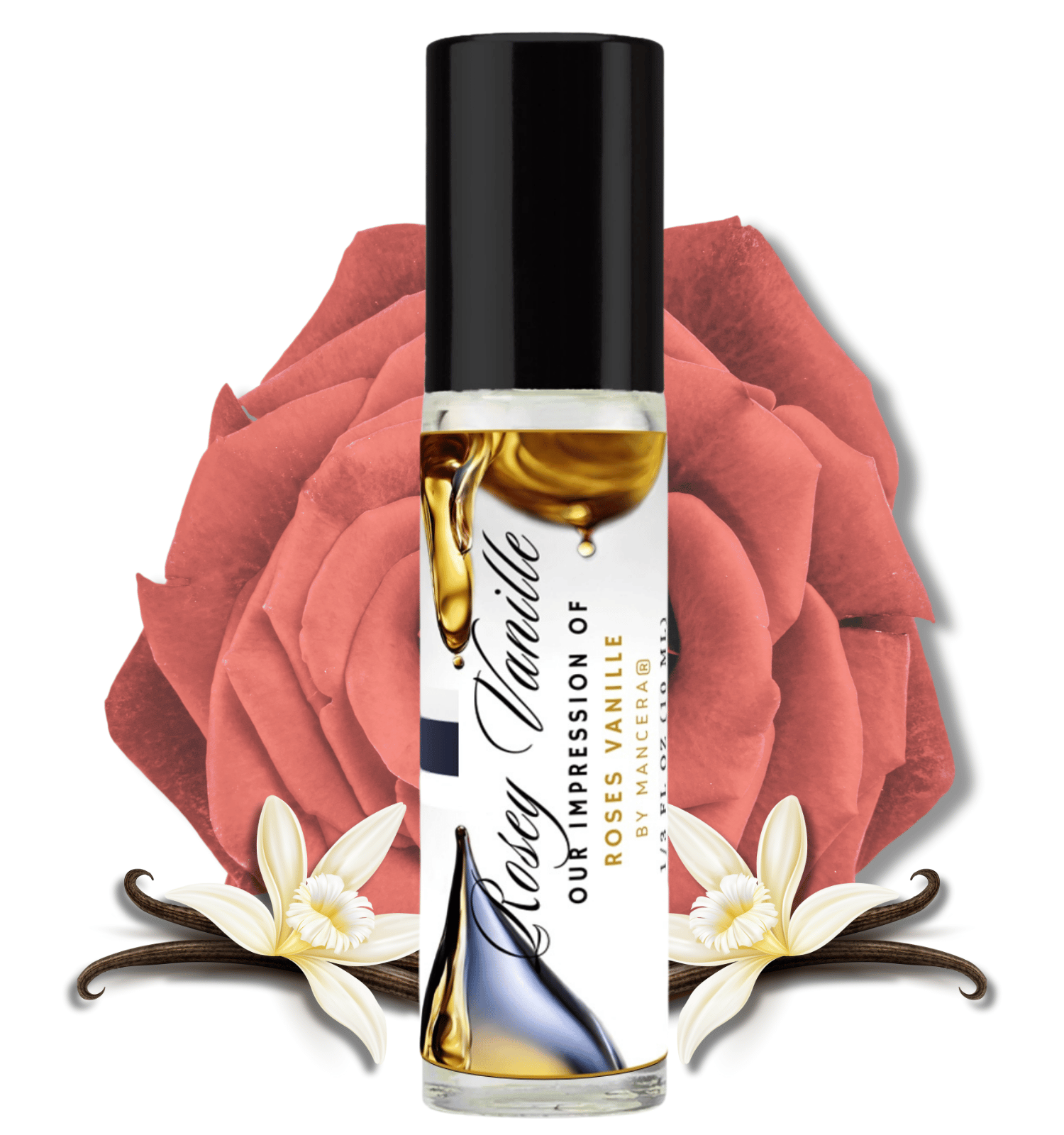 HauteBlends Rosey Vanille pure perfume oil concentrate inspired by Mancera Roses Vanille — 10ml travel-size clear glass rollerball bottle with a sleek black cap, styled against an artistic background of blooming rose petals and deep vanilla bean notes.