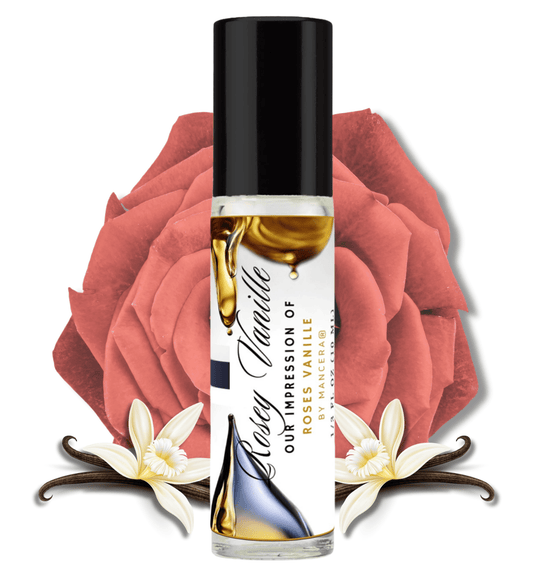 HauteBlends Rosey Vanille pure perfume oil concentrate inspired by Mancera Roses Vanille — 10ml travel-size clear glass rollerball bottle with a sleek black cap, styled against an artistic background of blooming rose petals and deep vanilla bean notes.