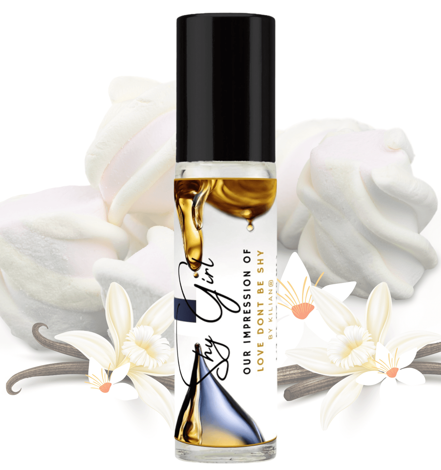 HauteBlends Shy Girl pure perfume oil concentrate inspired by Love, Don't Be Shy — 10ml travel-size clear glass rollerball bottle with a sleek black cap, styled against an artistic background of orange blossom, honeysuckle, and warm marshmallow notes.