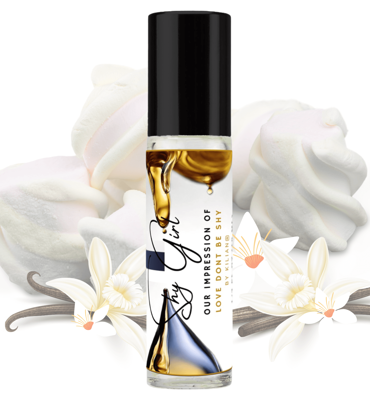 HauteBlends Shy Girl pure perfume oil concentrate inspired by Love, Don't Be Shy — 10ml travel-size clear glass rollerball bottle with a sleek black cap, styled against an artistic background of orange blossom, honeysuckle, and warm marshmallow notes.