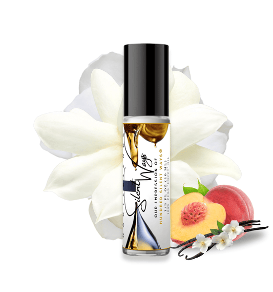 HauteBlends Silent Ways pure perfume oil concentrate inspired by Hundred Silent Ways — 10ml travel-size clear glass rollerball bottle with a sleek black cap, styled against an artistic background of dark musks, warm honey, and amber notes.