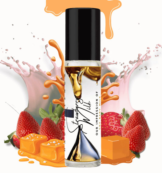 HauteBlends Strawberry Muse pure perfume oil concentrate inspired by Melanie Martinez Cry Baby Perfume Milk — 10ml travel-size clear glass rollerball bottle with a sleek black cap, styled against an artistic background of sophisticated milky accords and wild strawberry notes.