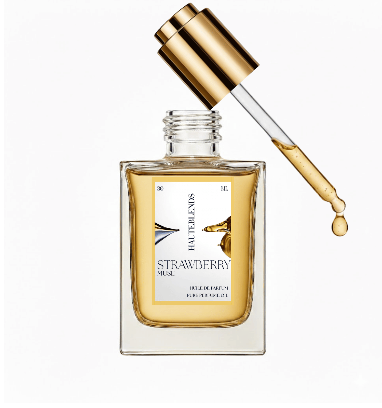 HauteBlends Strawberry Muse pure perfume oil concentrate bottle open with a gold flat twist push dropper cap and internal glass pipette dispensing an alcohol-free, long-lasting fine fragrance drop inspired by Melanie Martinez Cry Baby Perfume Milk.